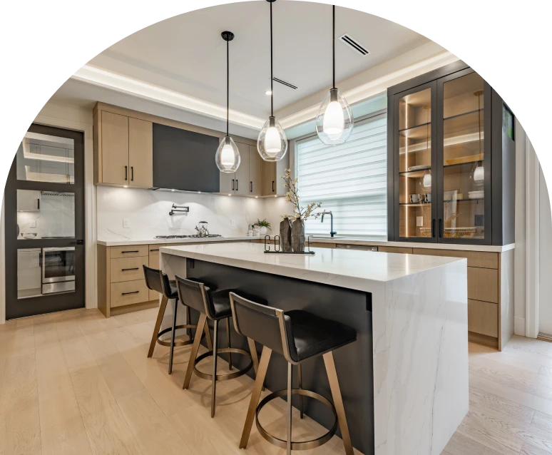 Modern kitchen with island and pendant lights